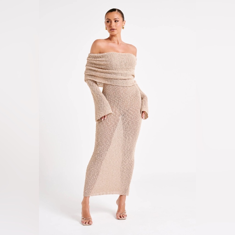 Meshki Off-Shoulder Boucle Maxi Elegant Off-Shoulder Beige Wheat Knit Dress